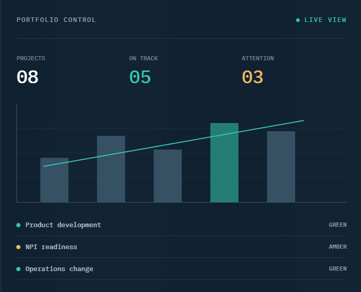 Project portfolio control dashboard showing project delivery status and visibility